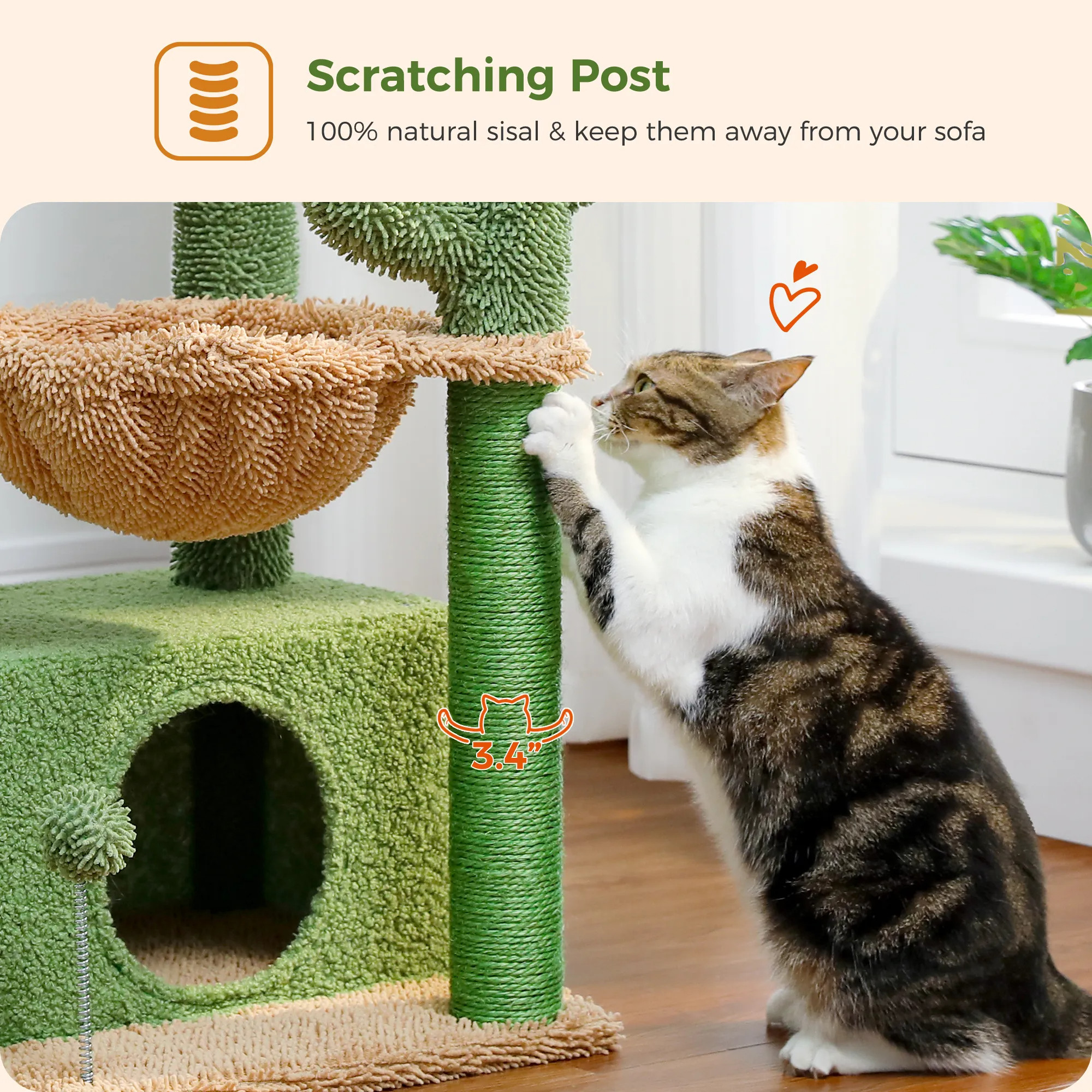 H107/83CM 2 Size Cactus Cat Tree for Indoor Cat Tower Toy Large Top Perch Sisal Covered Scratching Posts& Pad Hummock Big Condo
