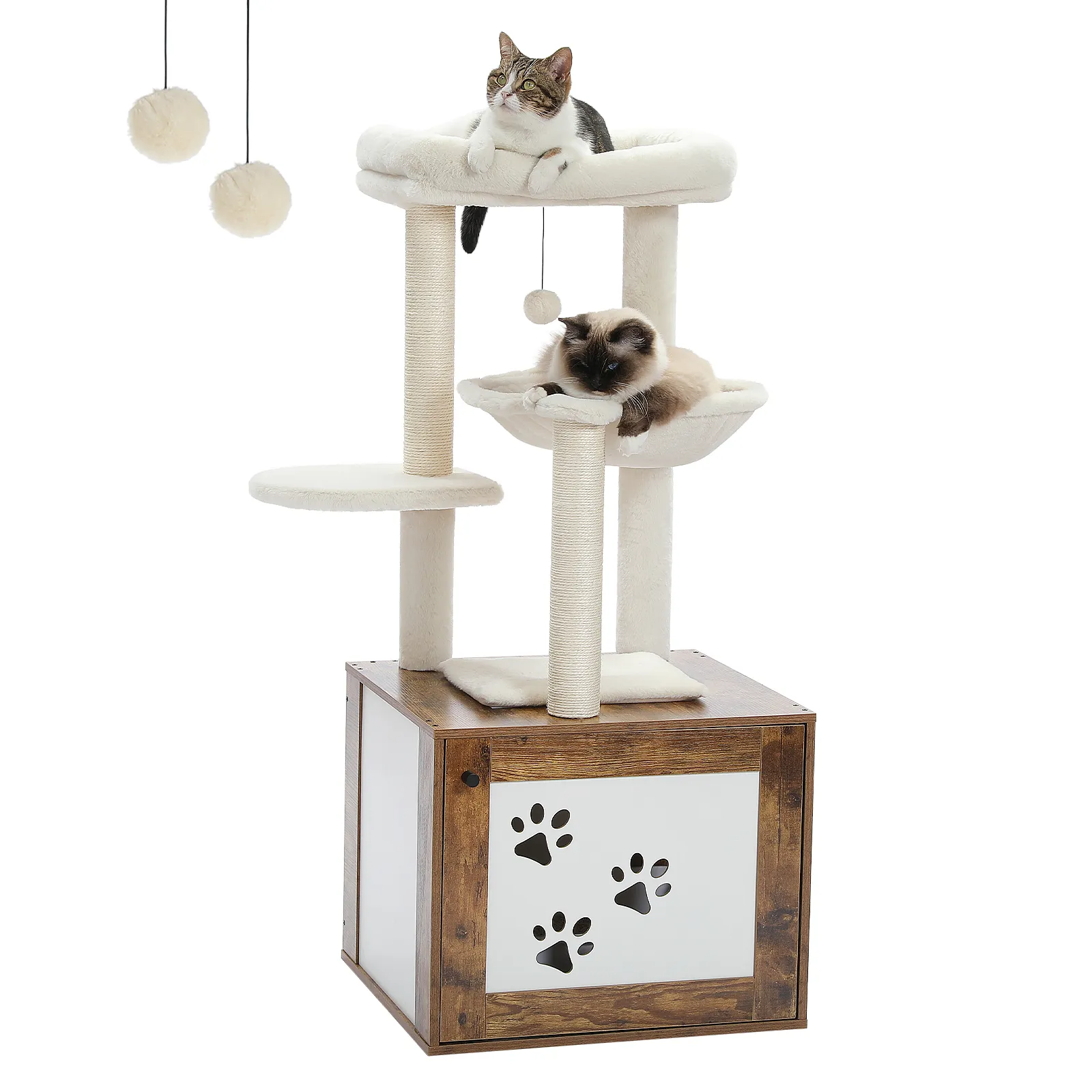Height 117CM Luxury Modern Cat Tree with Cabinet Tower Wood Furniture with Litter Box Enclosure House Large Top Perch Nest Condo