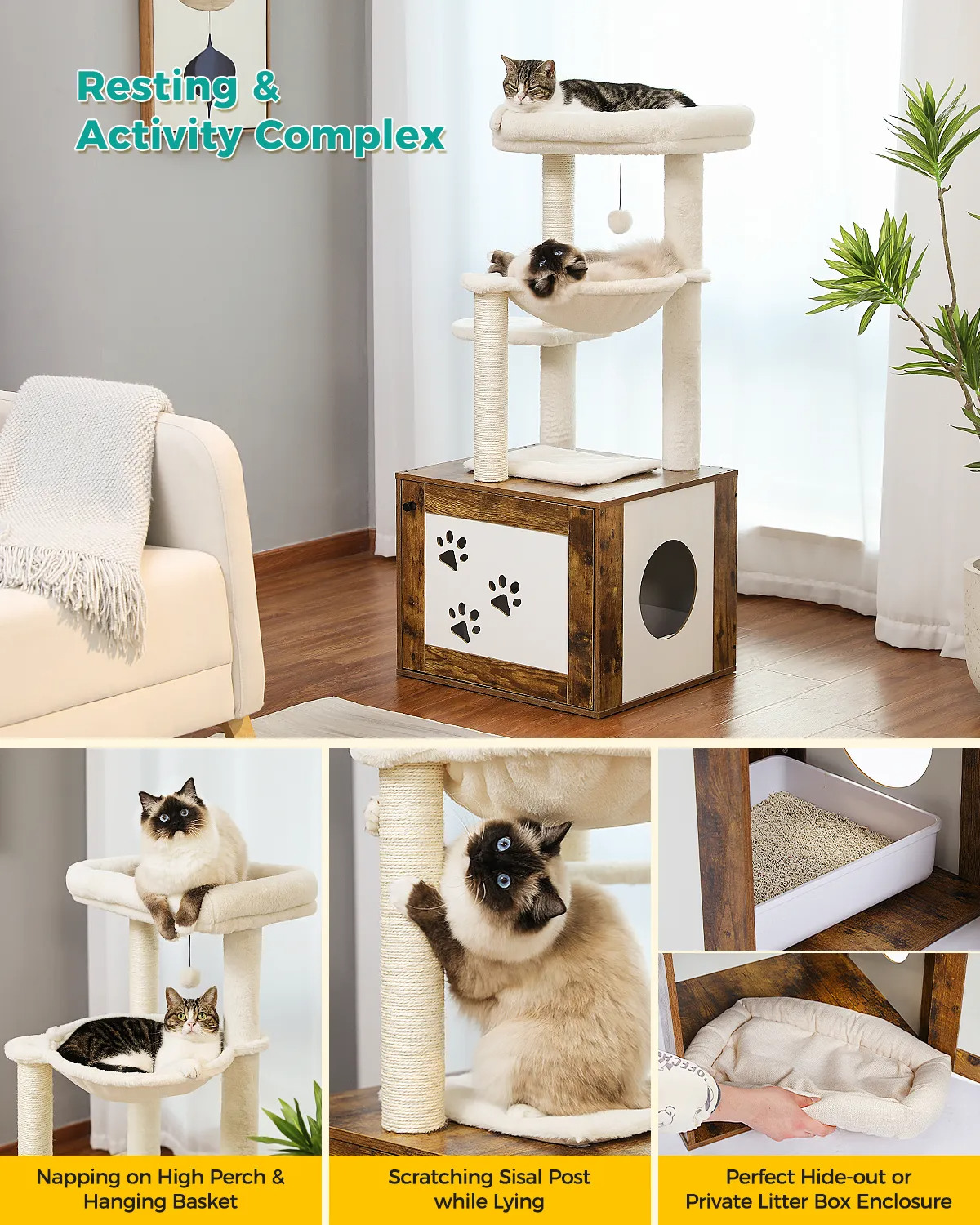 Height 117CM Luxury Modern Cat Tree with Cabinet Tower Wood Furniture with Litter Box Enclosure House Large Top Perch Nest Condo
