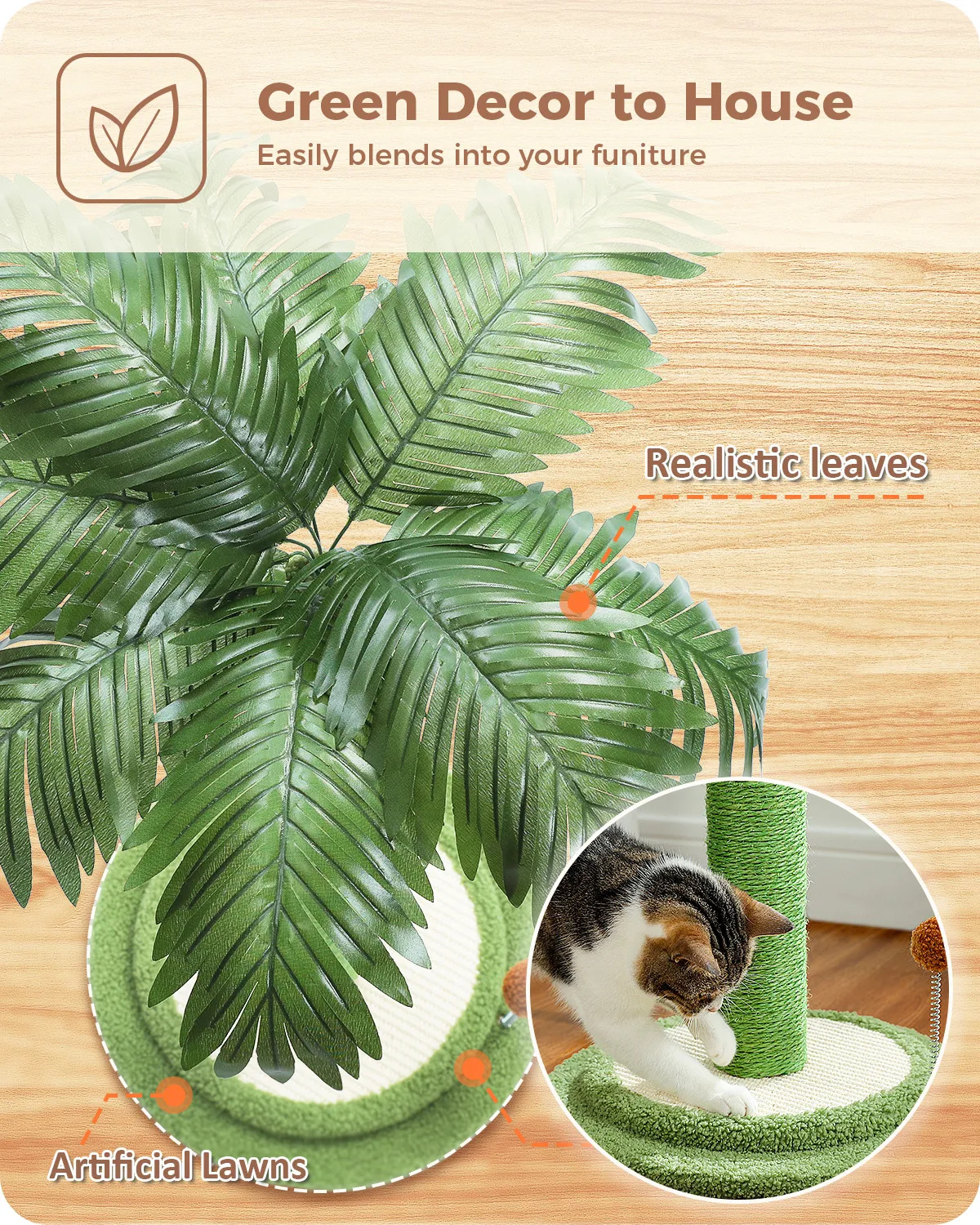 H85CM Tall Cat Scratching Post with Hanging Ball Simulated Green Leaves Sisal Rope for Indoor Large Durable Scratching Boards