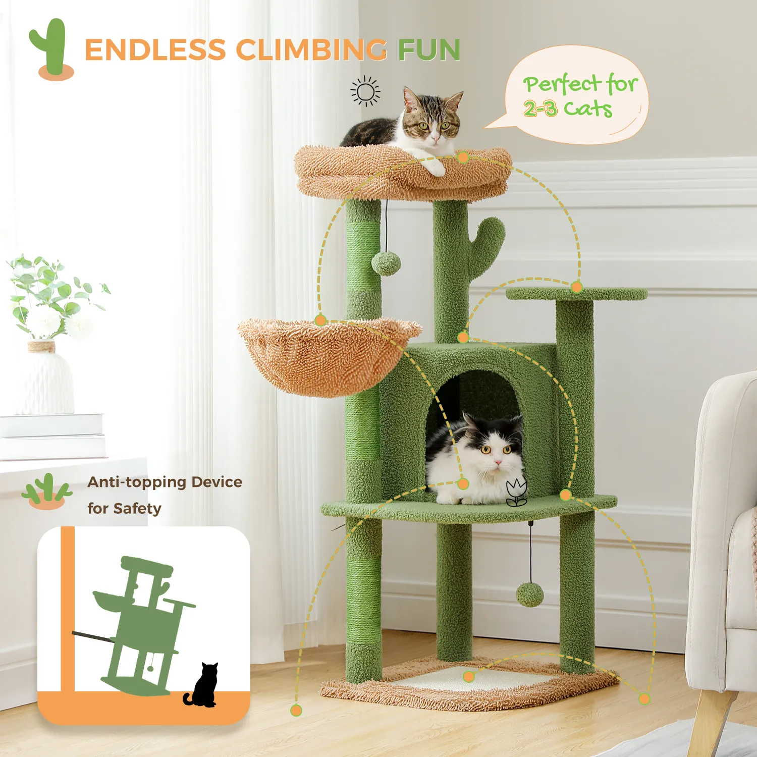 H107/83CM 2 Size Cactus Cat Tree for Indoor Cat Tower Toy Large Top Perch Sisal Covered Scratching Posts& Pad Hummock Big Condo
