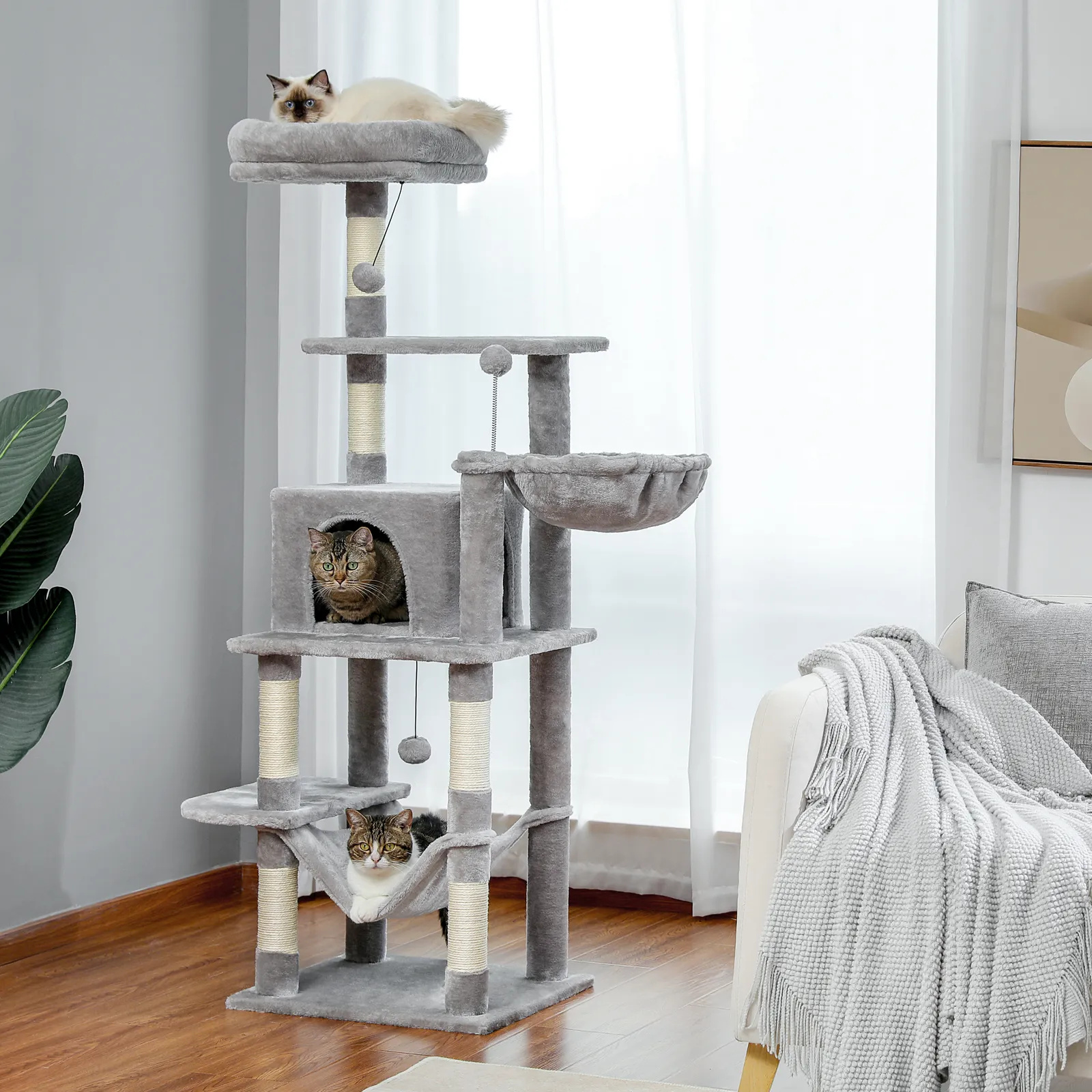 H150CM Cat Tree with Scratching Posts Deluxe Kitten Play House with Condo Large Hummock Nest Natural Sisal Kitty Climber Tower