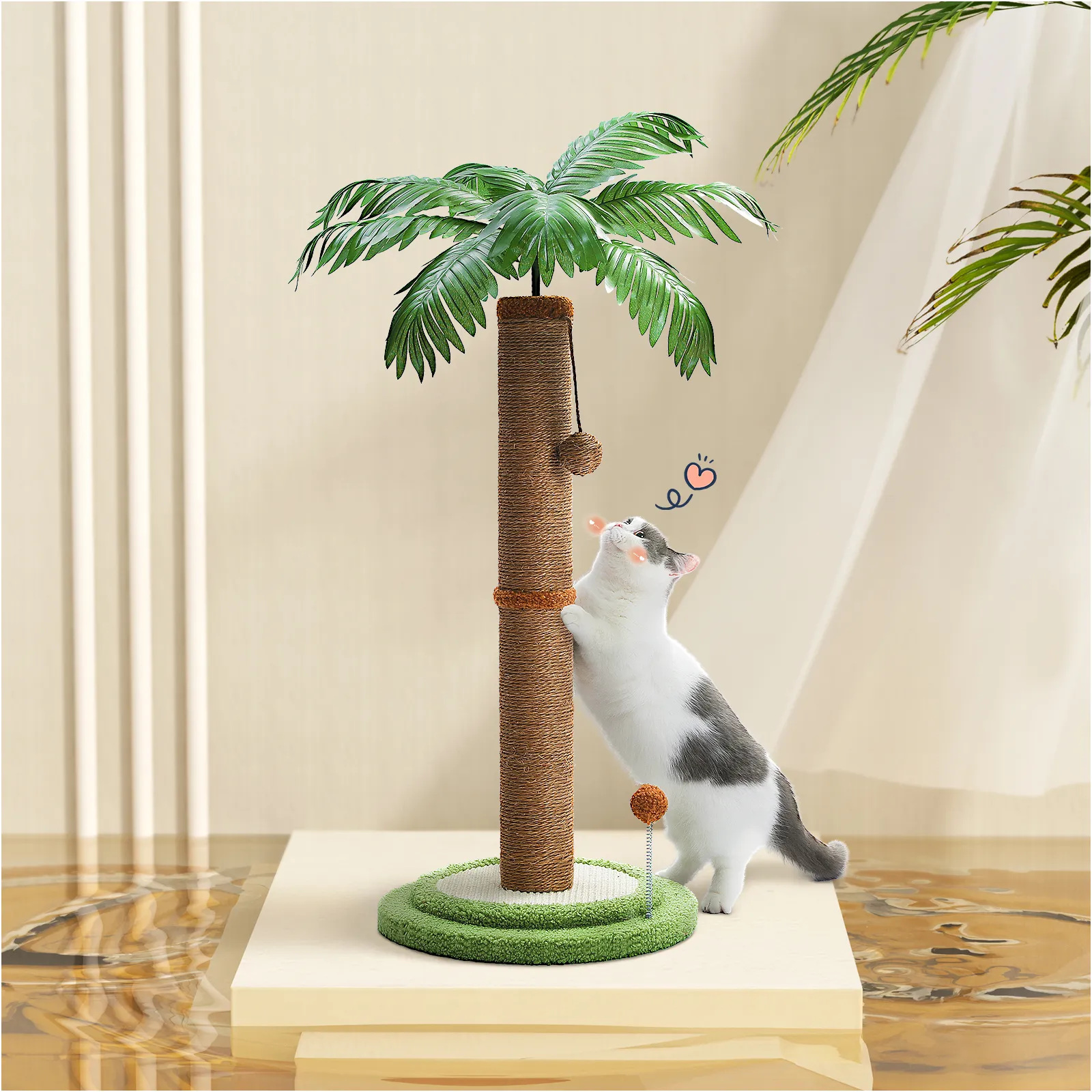 H85CM Tall Cat Scratching Post with Hanging Ball Simulated Green Leaves Sisal Rope for Indoor Large Durable Scratching Boards