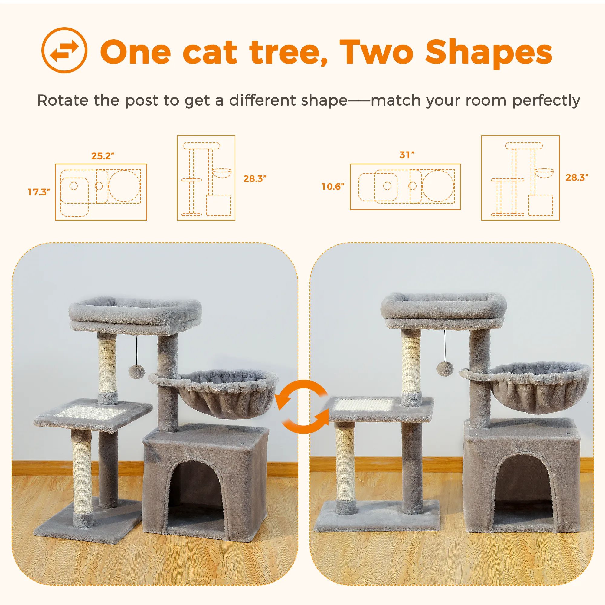 H73CM 2in1 Small Cat Tree Condo for Indoor Funny Sisal-Covered Scratching Post and Board for Kitten Large Top Perch Cozy Hummock