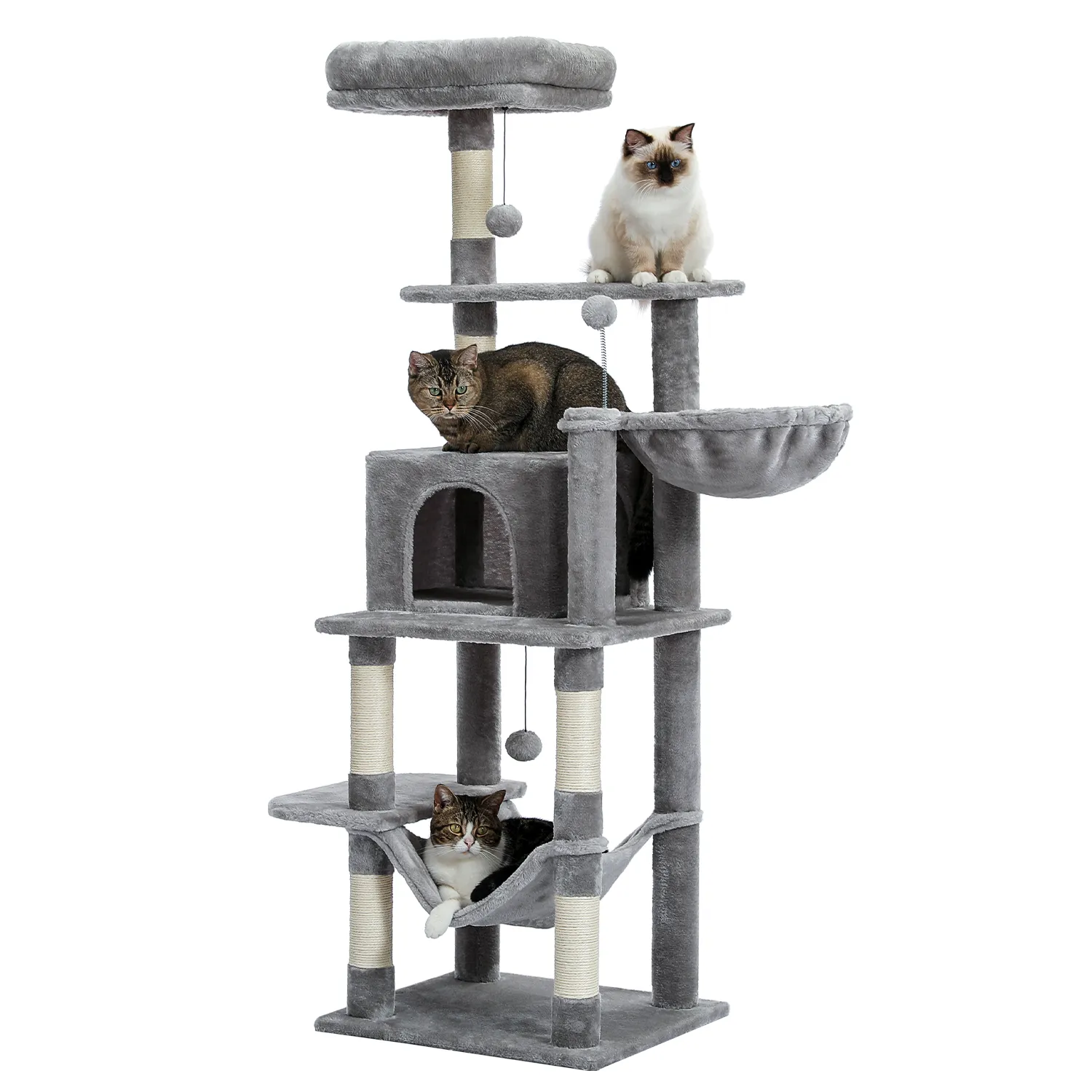 H150CM Cat Tree with Scratching Posts Deluxe Kitten Play House with Condo Large Hummock Nest Natural Sisal Kitty Climber Tower