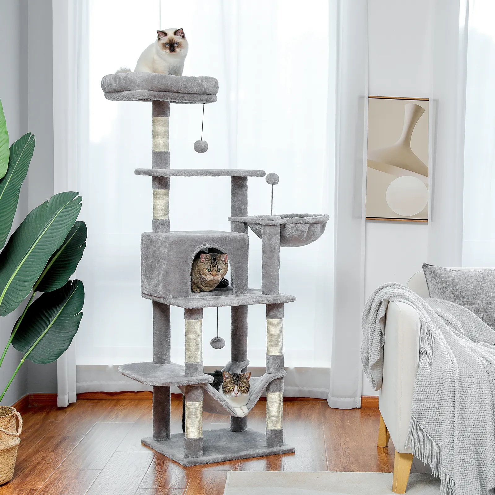 H150CM Cat Tree with Scratching Posts Deluxe Kitten Play House with Condo Large Hummock Nest Natural Sisal Kitty Climber Tower