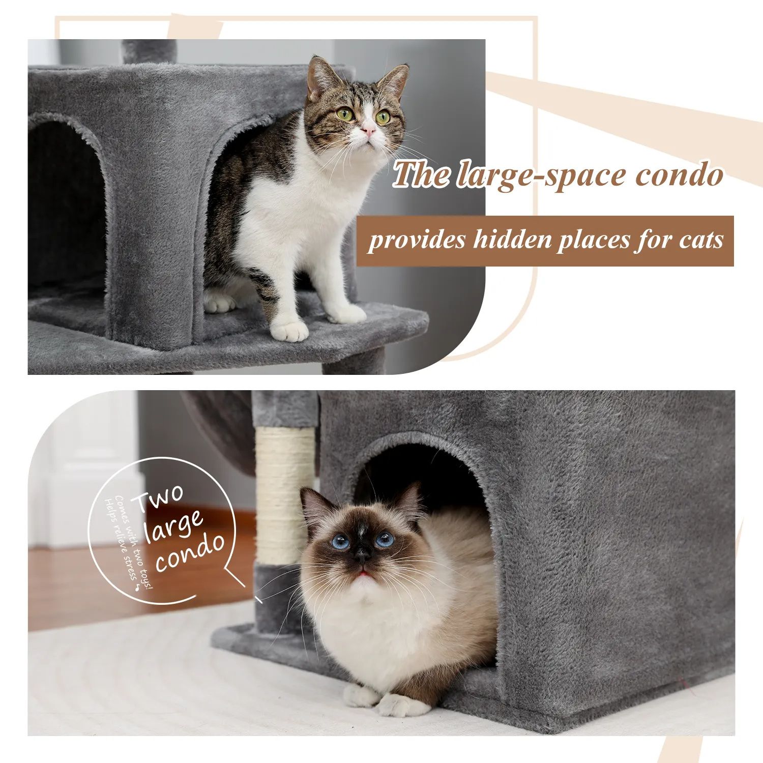 H138CM Luxury Cat Tree for Indoor Multi-Level Tower Double Condo Top Large Perch Comfy Hummock Natural Sisal Scratching Post Toy