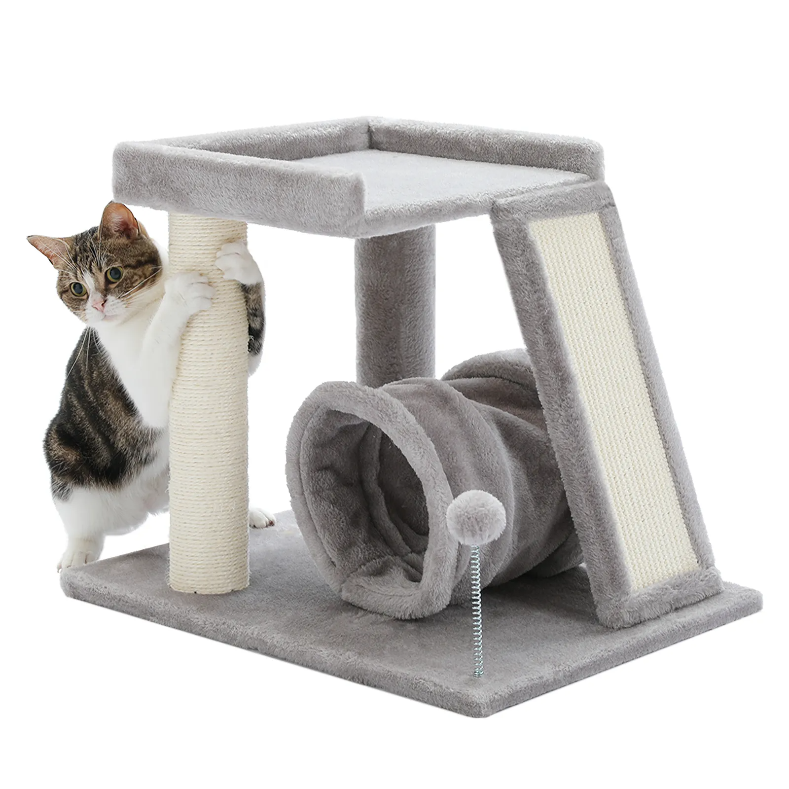 Small Cat Tree with Playing Tunnel 4-in-1 Cat Tower Sisal Scratching Post with Large Top Perch and Scratching Board for Indoor