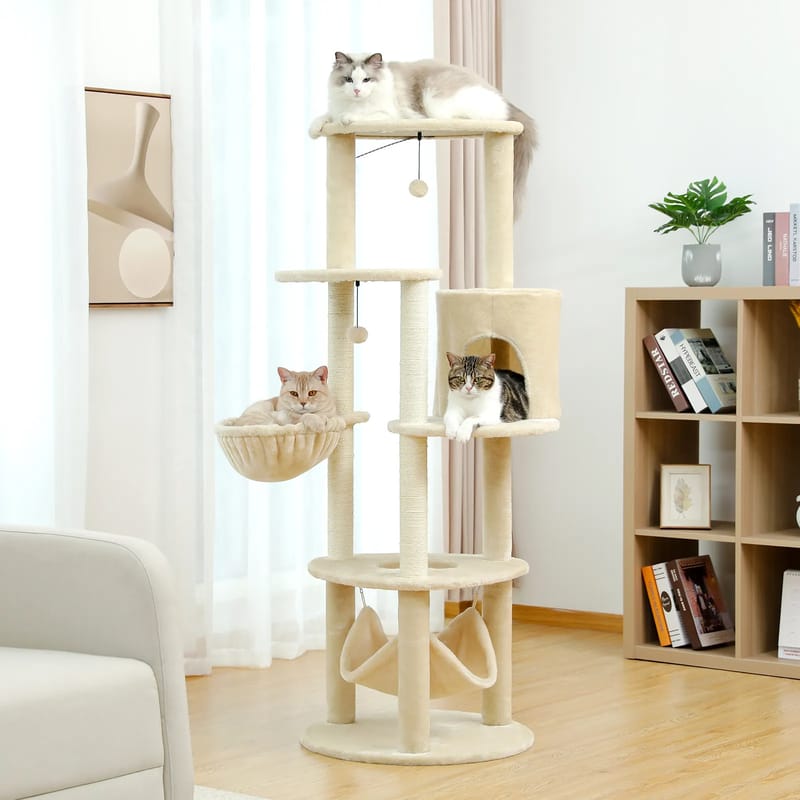 H152CM Large Cat Tree Tower Condo Perch Sisal Scratching Posts for Kitten Multi-Level Tower with Fully Ball Hummock Grey & Beige
