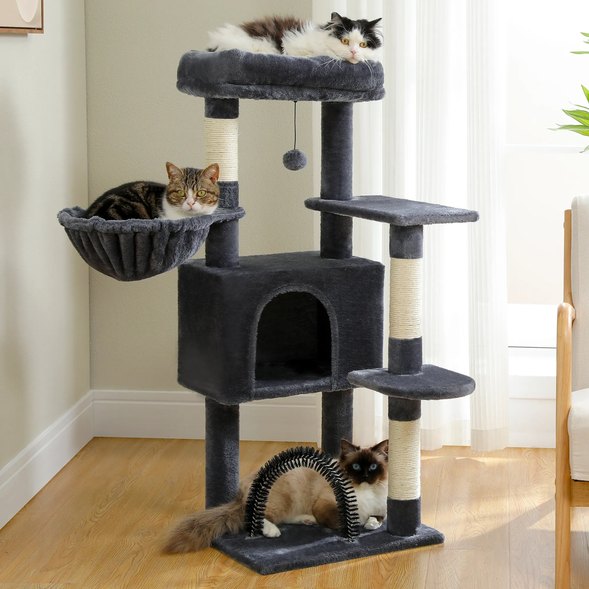 H120CM Cat Tree Condo for Indoor Self Grooming Brush Sisal Scratching Post Soft Perch House and Hanging Ball Toy Cozy Hummock