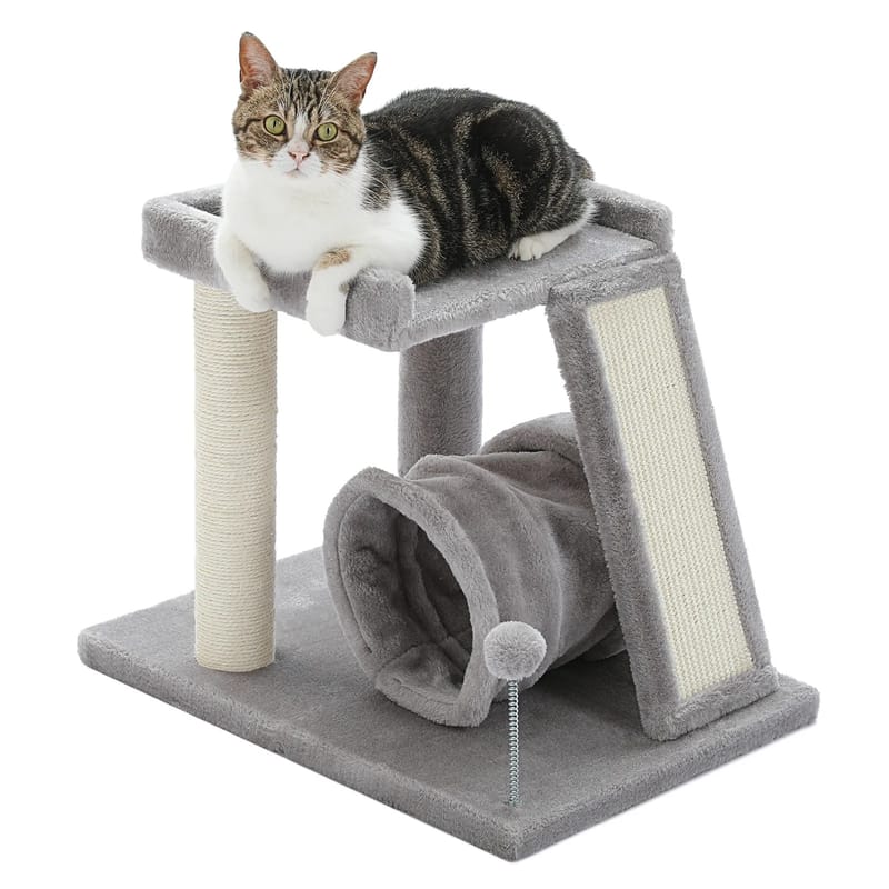 Small Cat Tree with Playing Tunnel 4-in-1 Cat Tower Sisal Scratching Post with Large Top Perch and Scratching Board for Indoor