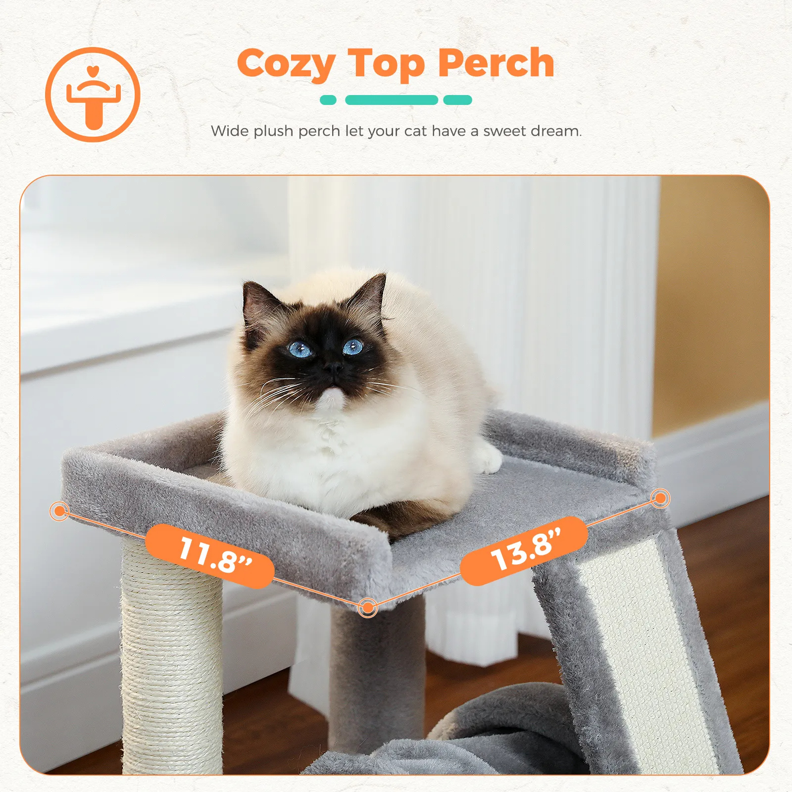 Small Cat Tree with Playing Tunnel 4-in-1 Cat Tower Sisal Scratching Post with Large Top Perch and Scratching Board for Indoor
