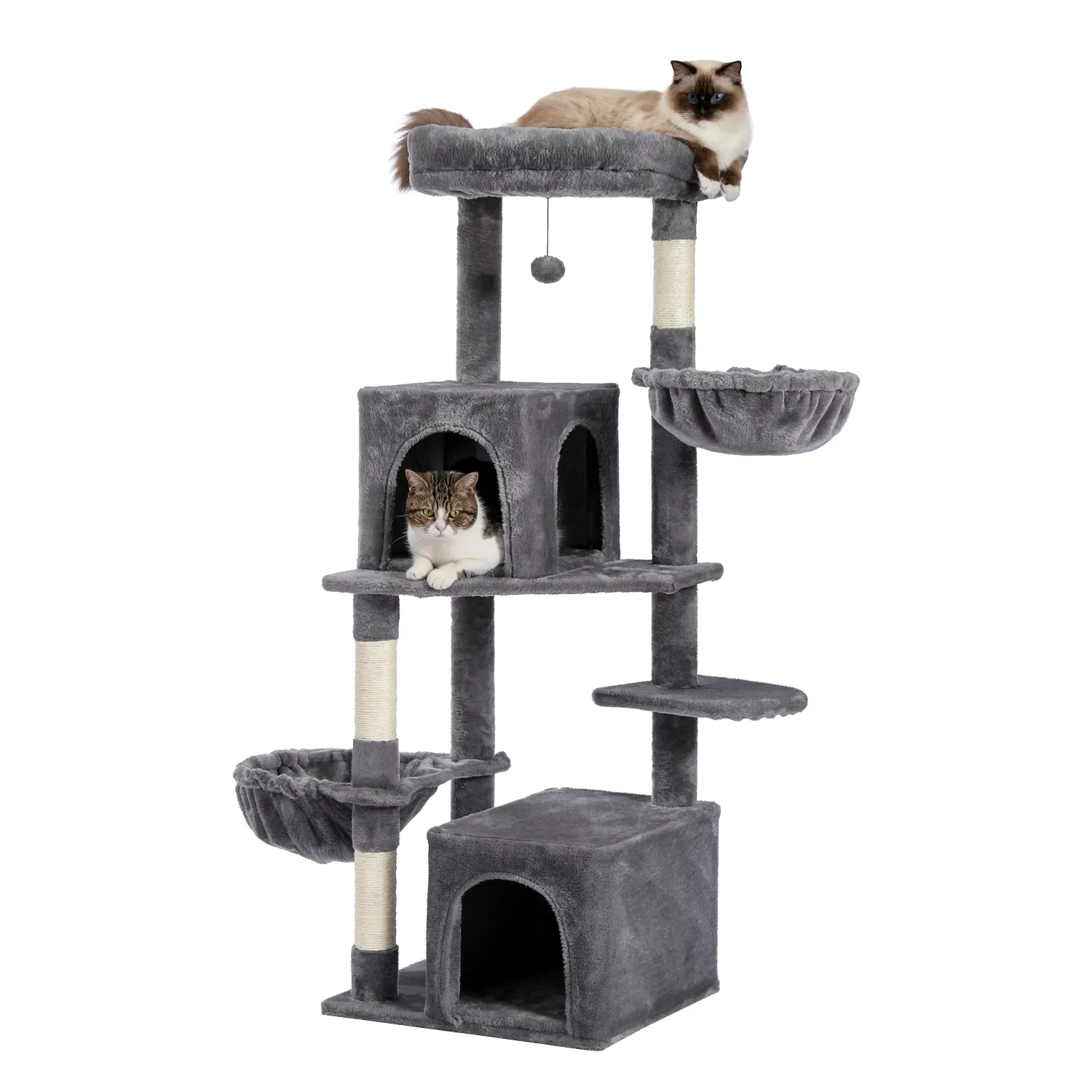 H138CM Luxury Cat Tree for Indoor Multi-Level Tower Double Condo Top Large Perch Comfy Hummock Natural Sisal Scratching Post Toy