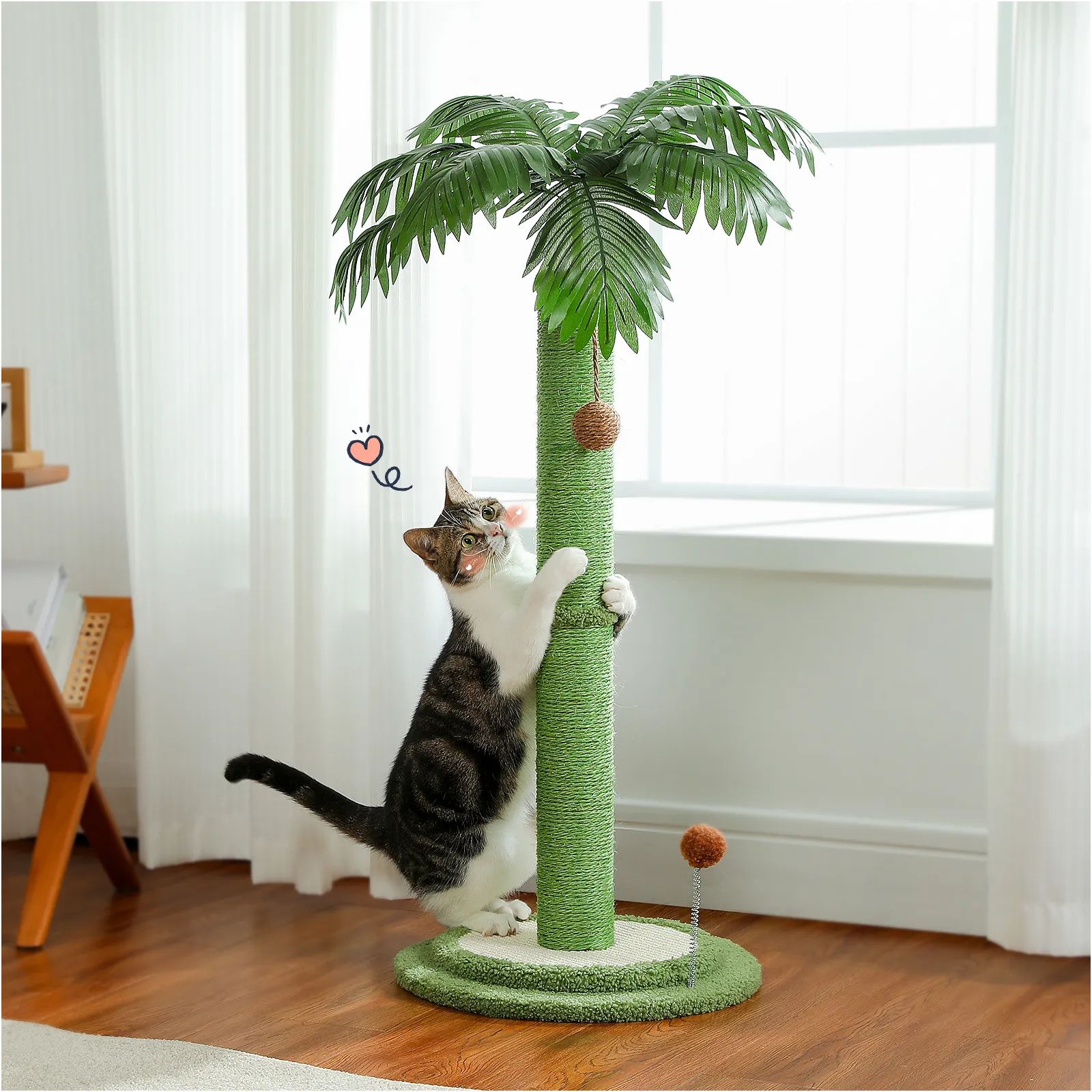 H85CM Tall Cat Scratching Post with Hanging Ball Simulated Green Leaves Sisal Rope for Indoor Large Durable Scratching Boards