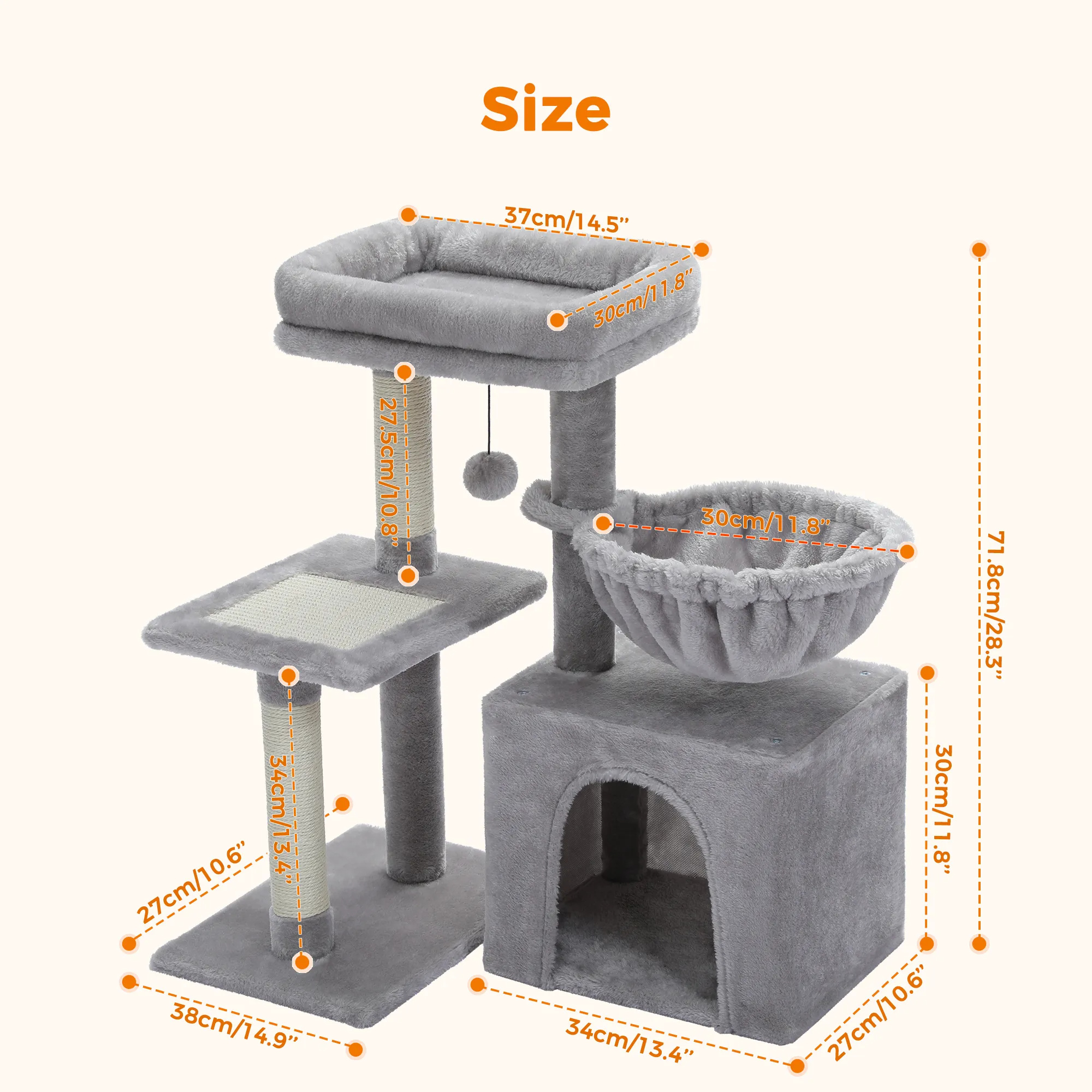 H73CM 2in1 Small Cat Tree Condo for Indoor Funny Sisal-Covered Scratching Post and Board for Kitten Large Top Perch Cozy Hummock