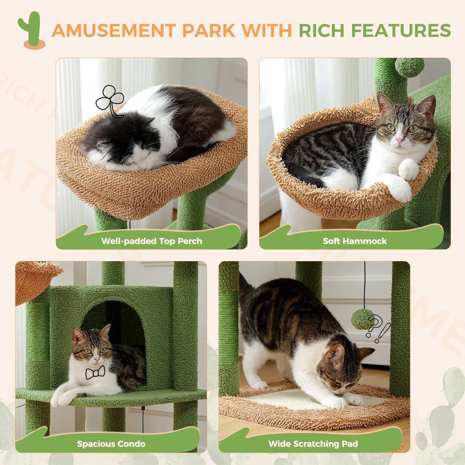 H107/83CM 2 Size Cactus Cat Tree for Indoor Cat Tower Toy Large Top Perch Sisal Covered Scratching Posts& Pad Hummock Big Condo
