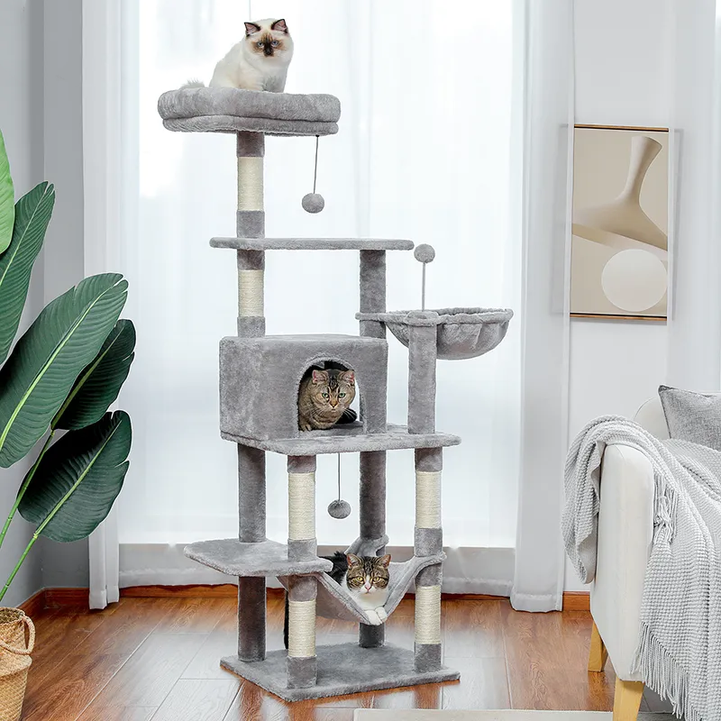H150CM Cat Tree with Scratching Posts Deluxe Kitten Play House with Condo Large Hummock Nest Natural Sisal Kitty Climber Tower