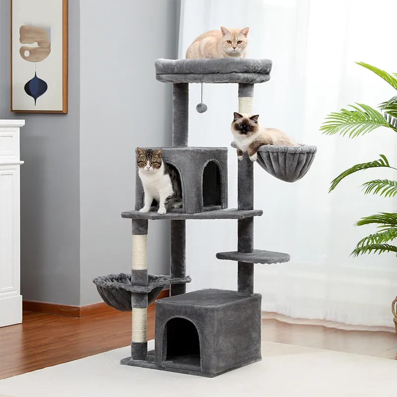 H138CM Luxury Cat Tree for Indoor Multi-Level Tower Double Condo Top Large Perch Comfy Hummock Natural Sisal Scratching Post Toy