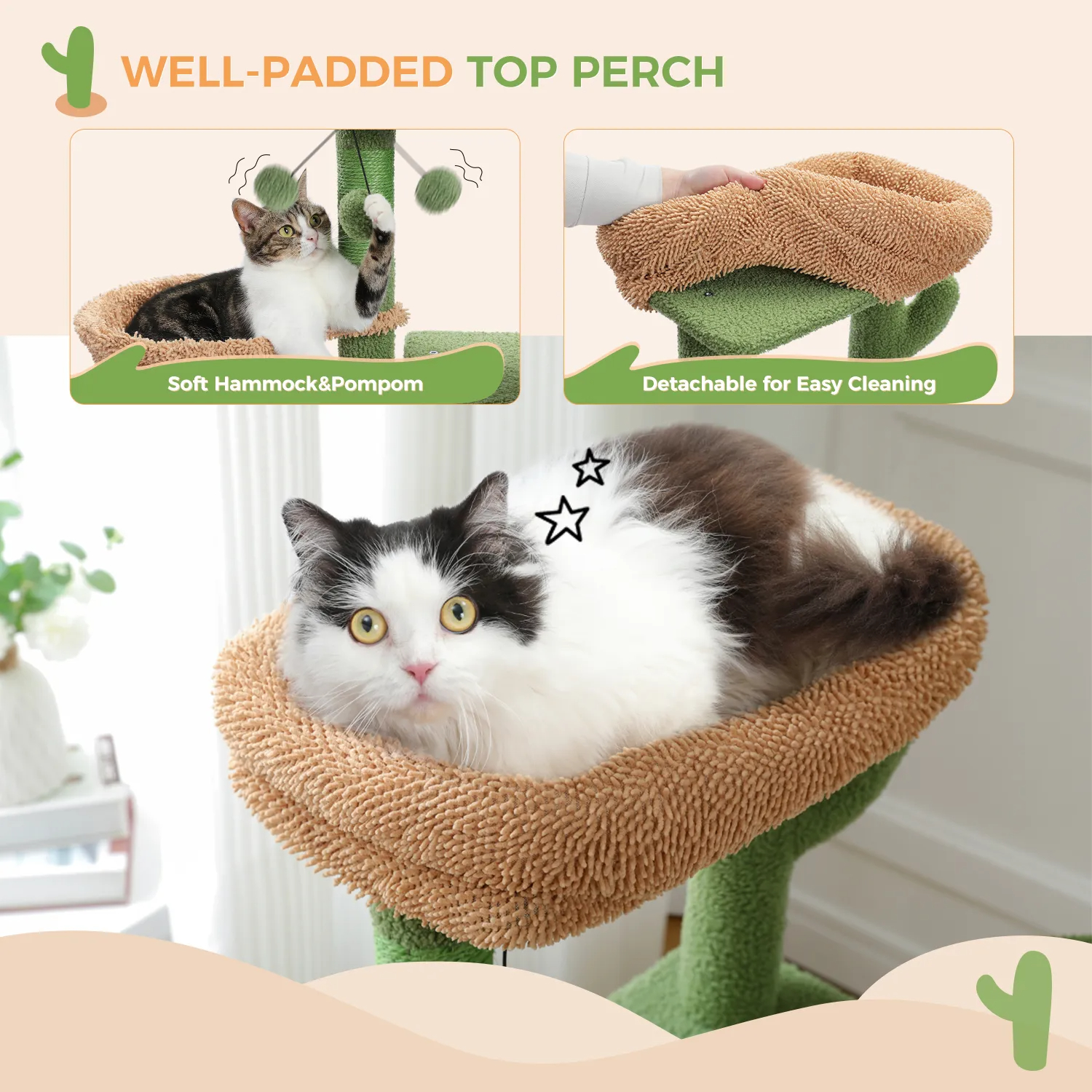 H107/83CM 2 Size Cactus Cat Tree for Indoor Cat Tower Toy Large Top Perch Sisal Covered Scratching Posts& Pad Hummock Big Condo