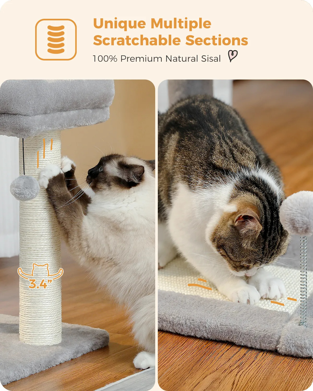 H50CM Small Cat Tree with Natural Sisal-Covered Scratching Post for Indoor Large Perch Self Grooming Brush Scratching Board ball