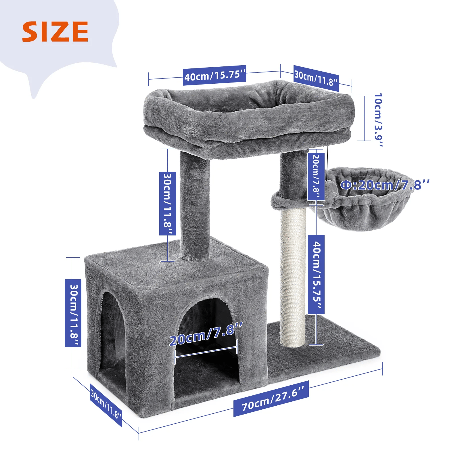 H70cm Cat Tree Condo with Natural Sisal-Covered Scratching Posts for Active Cat Indoor Kitten Large Top Perch Cozy Hummock House