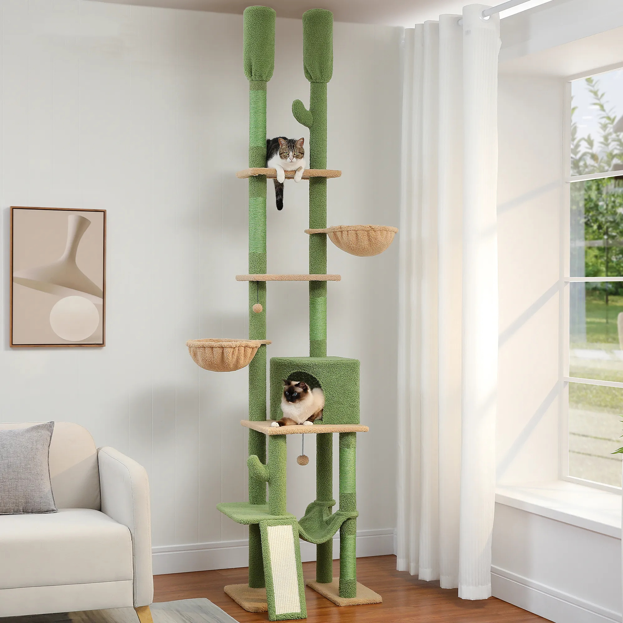 Cactus Cat Tree Floor to Ceiling Cat Tower with Adjustable Height 216-285CM 7 Tiers Climbing Tree with Cozy Hammocks and Condos