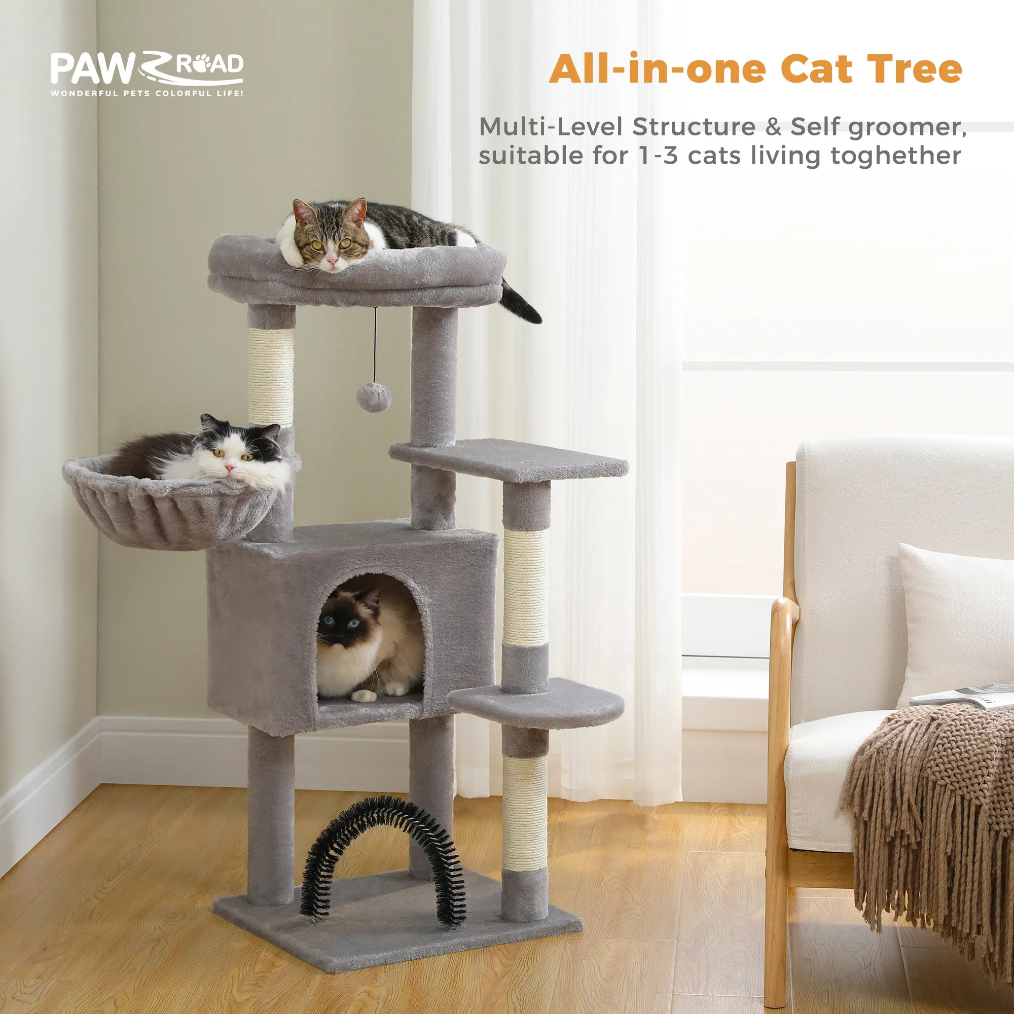 H120CM Cat Tree Condo for Indoor Self Grooming Brush Sisal Scratching Post Soft Perch House and Hanging Ball Toy Cozy Hummock