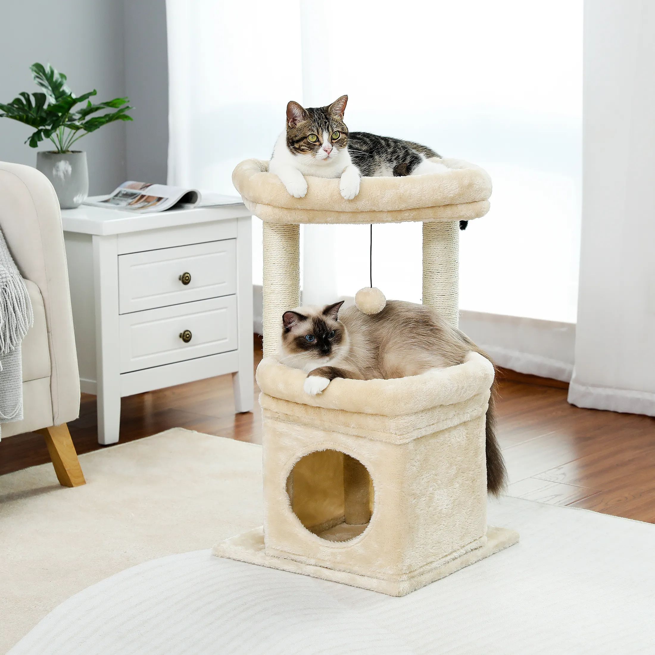 H68cm Small Cat Tree Condo for Indoor Hanging Ball Tower Large Top Perch Warm Cozy Home Sisal Scratching Post rascadores de gato