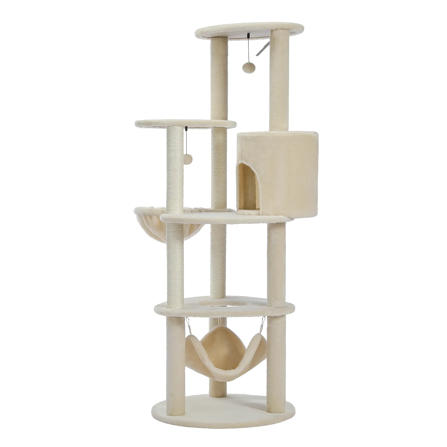 H152CM Large Cat Tree Tower Condo Perch Sisal Scratching Posts for Kitten Multi-Level Tower with Fully Ball Hummock Grey & Beige
