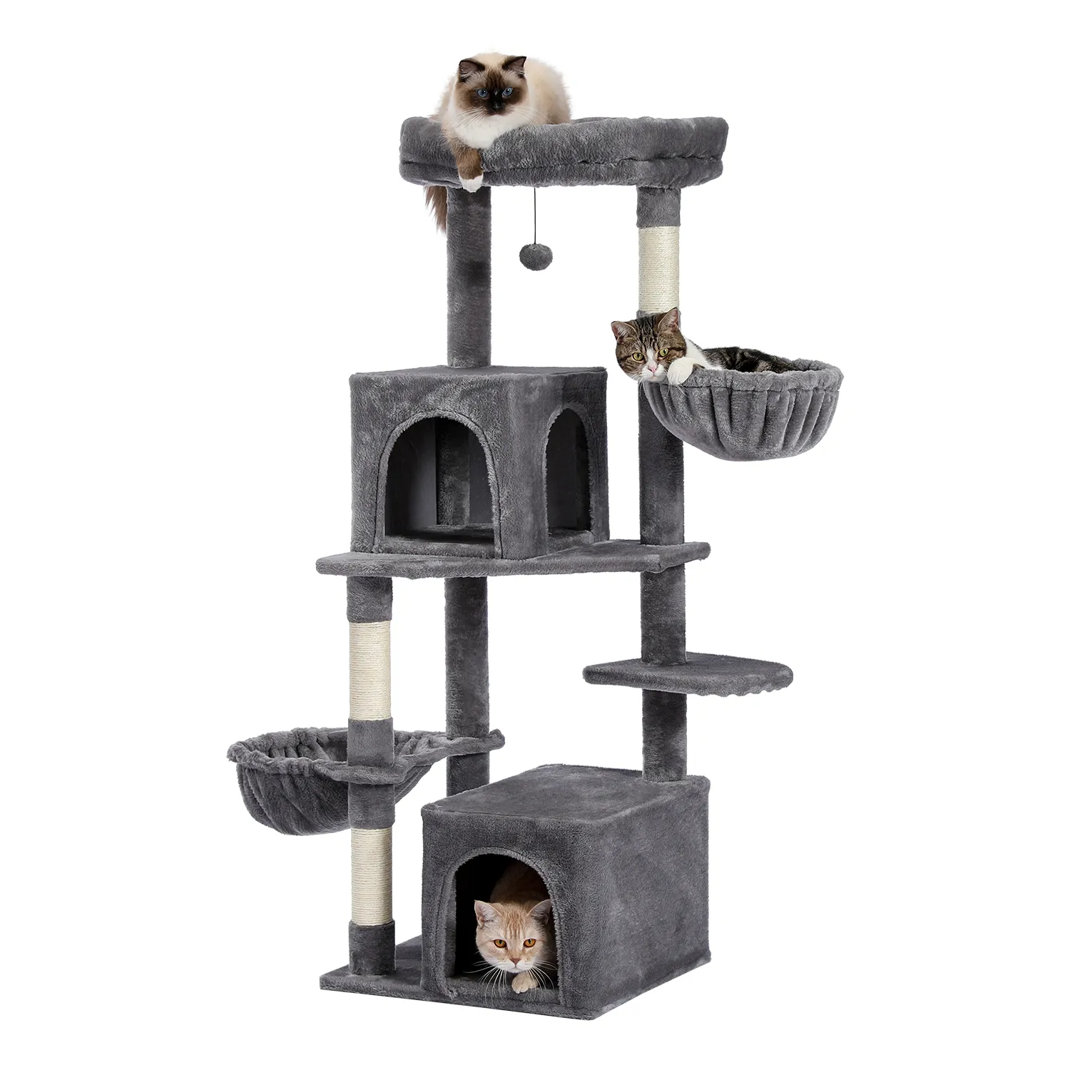 H138CM Luxury Cat Tree for Indoor Multi-Level Tower Double Condo Top Large Perch Comfy Hummock Natural Sisal Scratching Post Toy