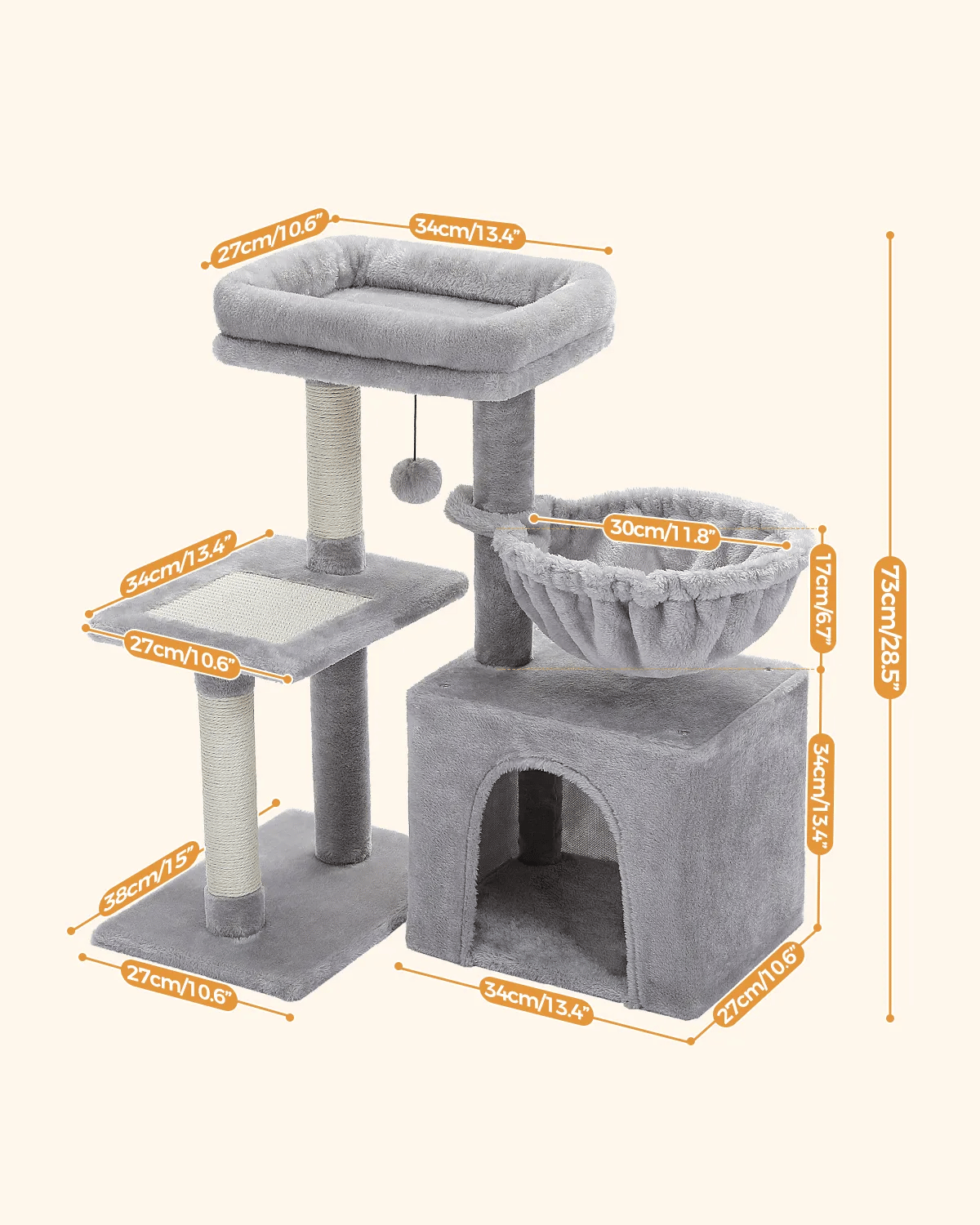 H73CM 2in1 Small Cat Tree Condo for Indoor Funny Sisal-Covered Scratching Post and Board for Kitten Large Top Perch Cozy Hummock