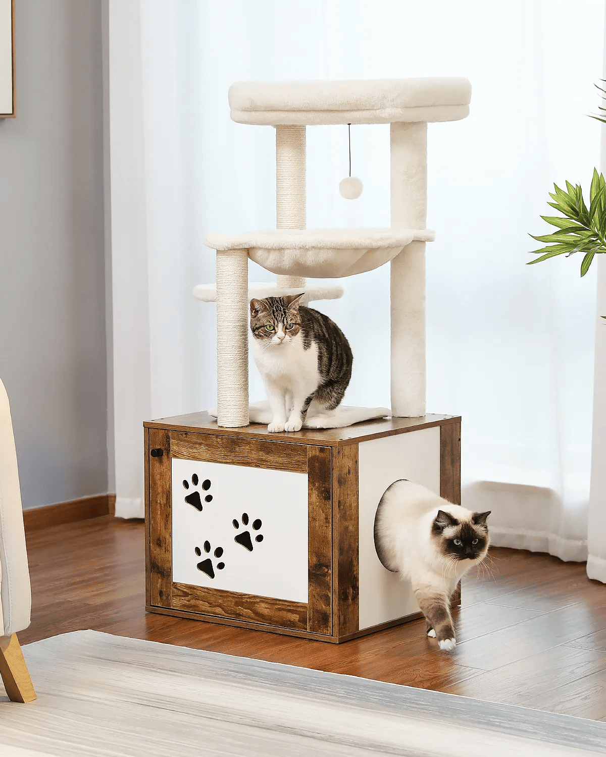 Height 117CM Luxury Modern Cat Tree with Cabinet Tower Wood Furniture with Litter Box Enclosure House Large Top Perch Nest Condo