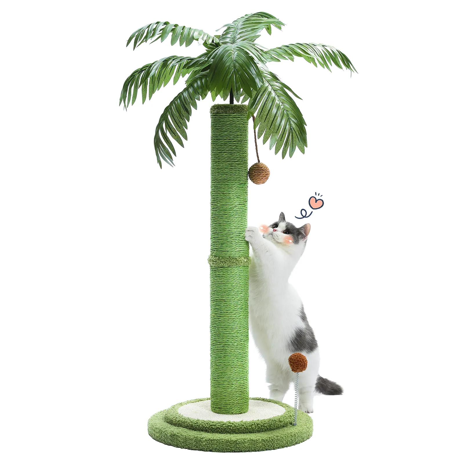 H85CM Tall Cat Scratching Post with Hanging Ball Simulated Green Leaves Sisal Rope for Indoor Large Durable Scratching Boards