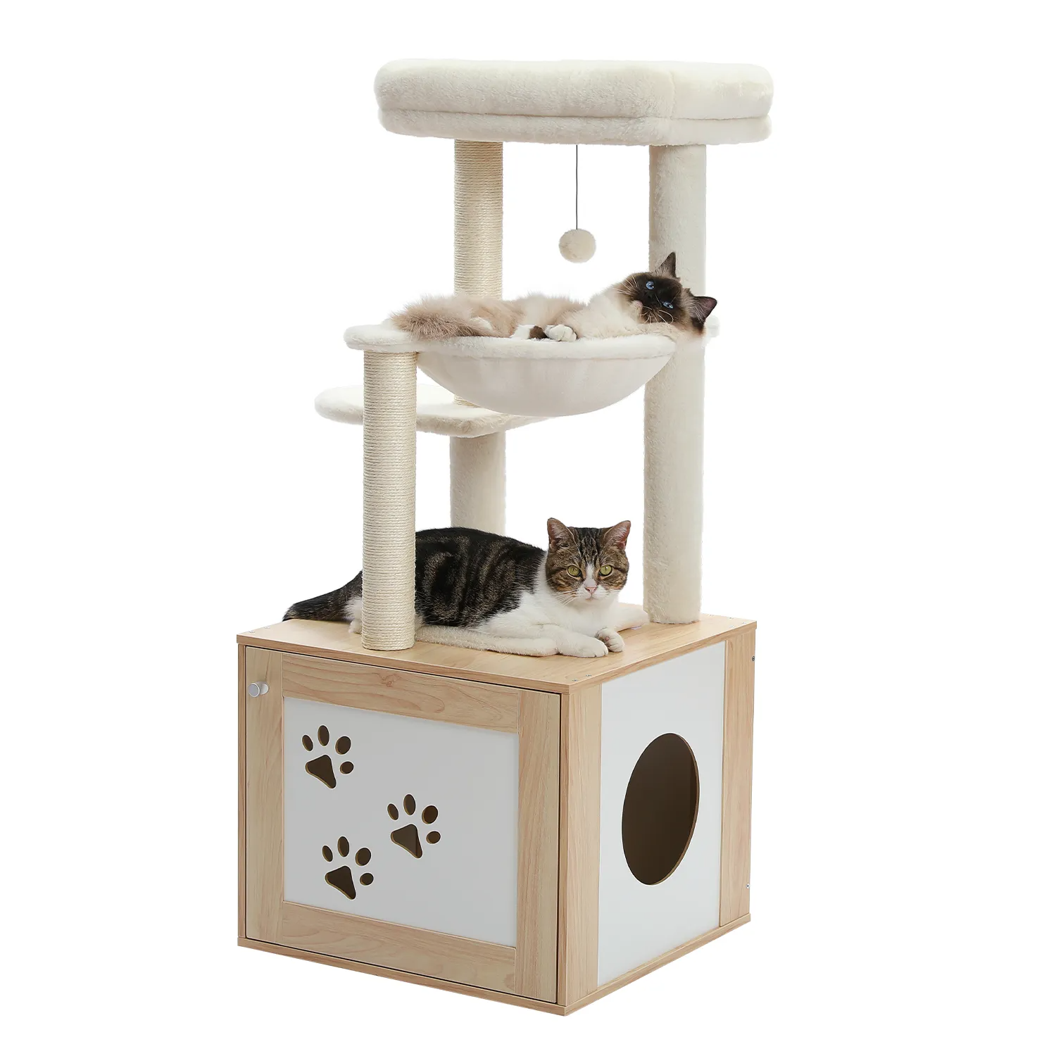 Height 117CM Luxury Modern Cat Tree with Cabinet Tower Wood Furniture with Litter Box Enclosure House Large Top Perch Nest Condo
