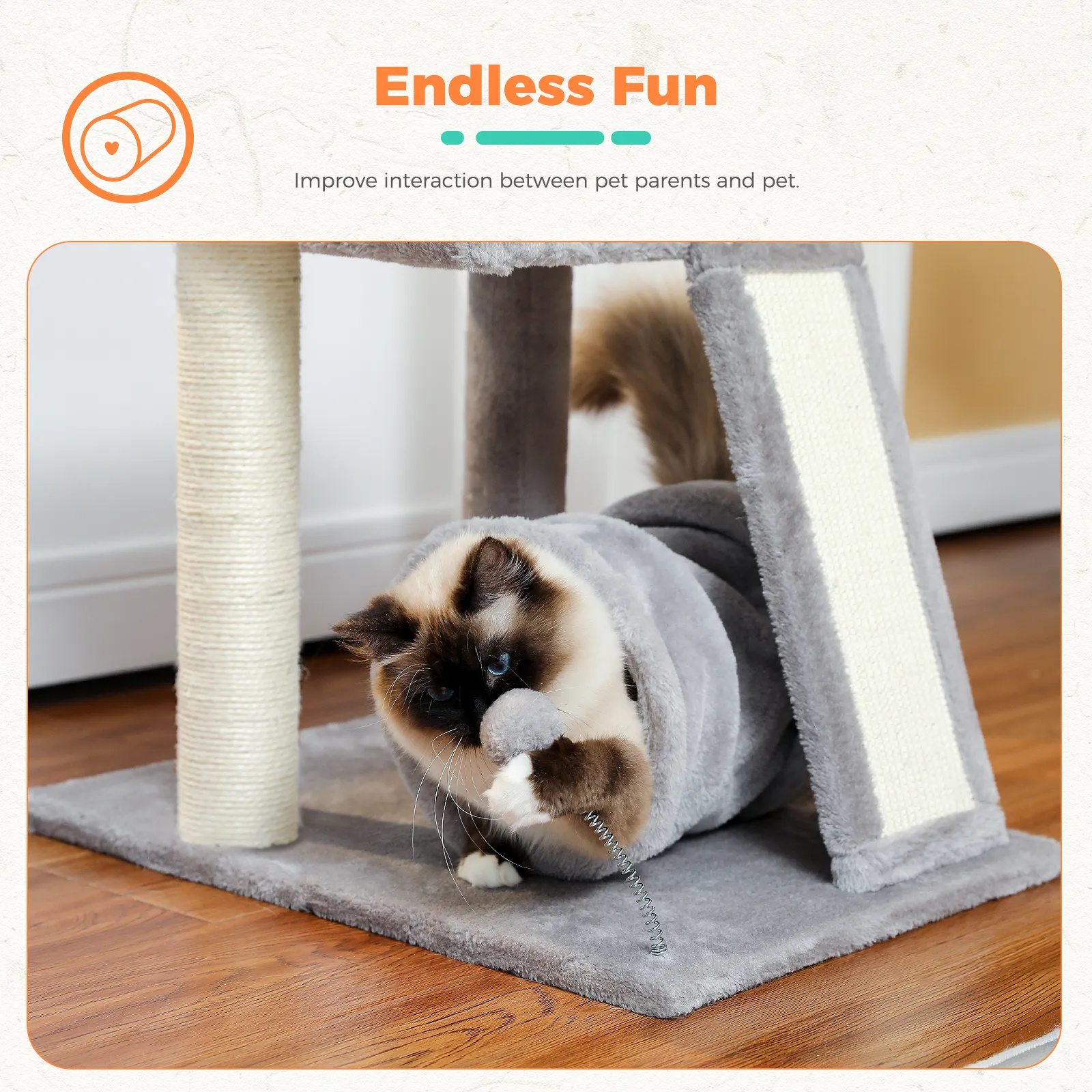 Small Cat Tree with Playing Tunnel 4-in-1 Cat Tower Sisal Scratching Post with Large Top Perch and Scratching Board for Indoor