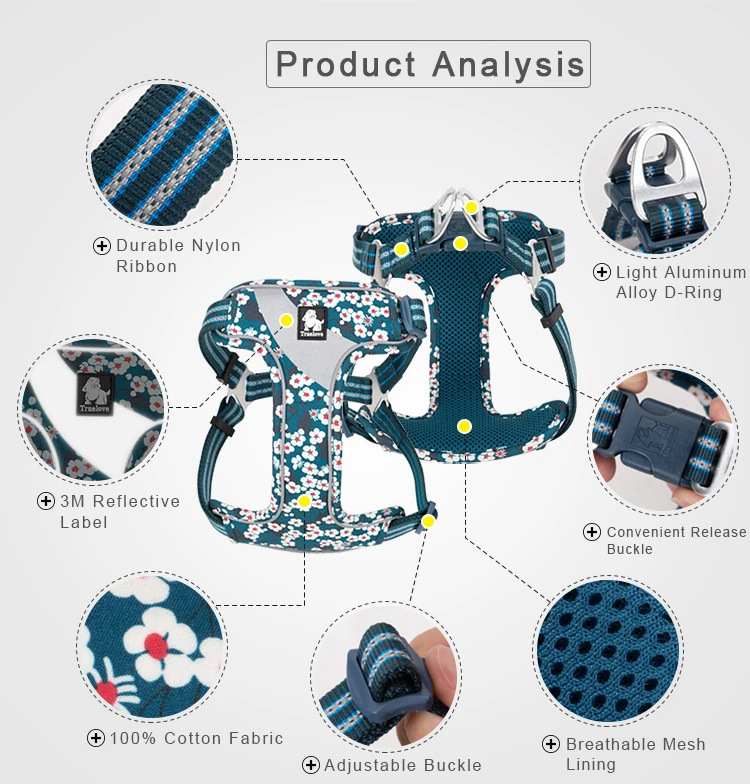 Truelove Floral Doggy Harness Soft Padded Cotton Pets Vest Dog Harness Adjustable Snappy Easy Fit Small JacketsTravel TLH5952
