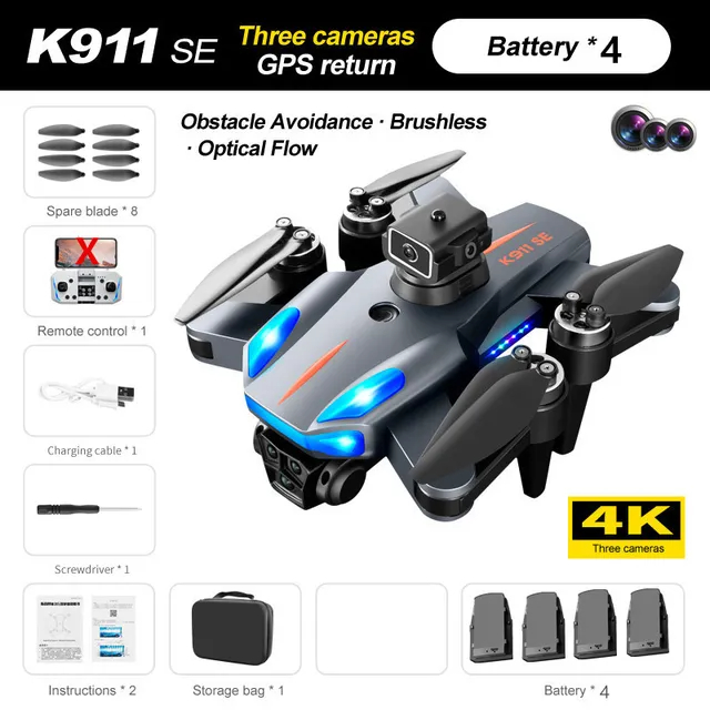 New professional drone K911 GPS 4K 8K ESC HD three camera FPV 1200 km aerial photography brushless motor foldable quadcopter toy