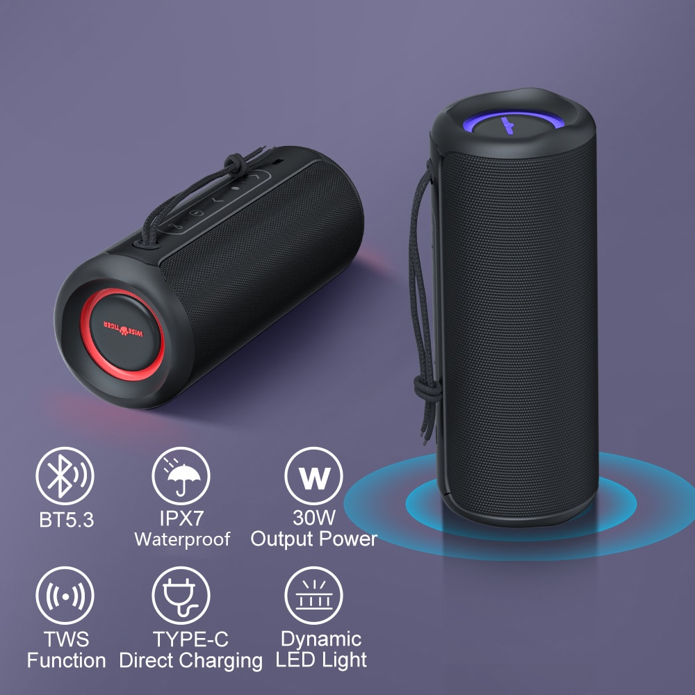 WISETIGER Portable Bluetooth Speaker 30W IPX7 Waterproof Powerful Sound Box Bass Boost Dual Pairing True Wireless Stereo Outdoor