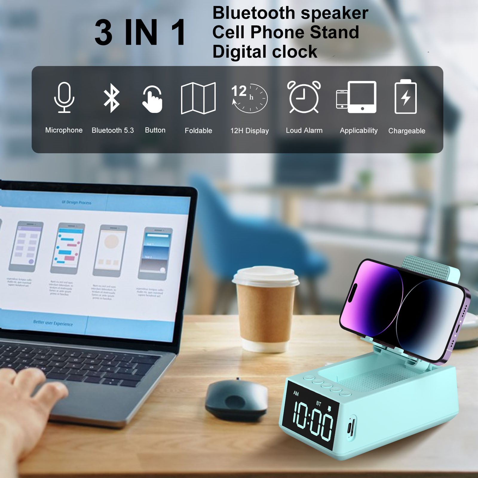 WISE TIGER Stand Bluetooth Speaker Foldable Wireless Speaker with Loud Alarm Clock Best Gift Sound Box with 12H Display for Home