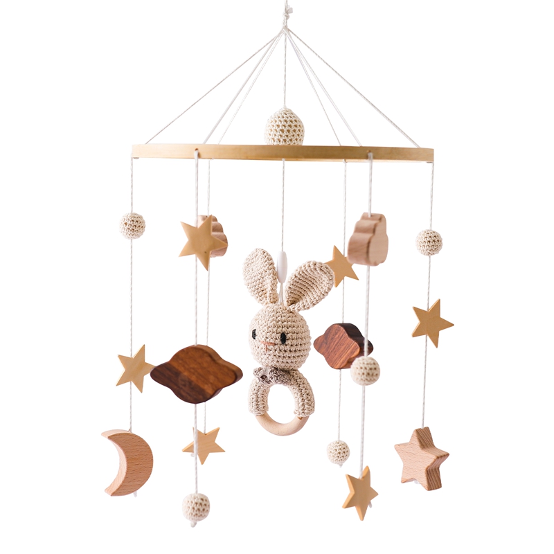 Let's Make Wooden Baby Rattles Soft Felt Cartoon Bear Cloudy Star Moon Hanging Bed Bell Mobile Crib Montessori Education Toys