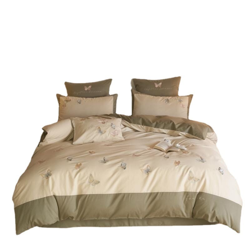 100 long staple cotton woolen embroidery all-cotton 4-piece set with autumn and winter thickened all-cotton bed sheet and quilt set with 3-piece bed set