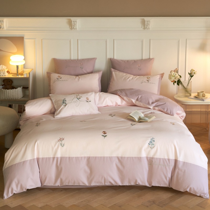 100 long staple cotton woolen embroidery all-cotton 4-piece set with autumn and winter thickened all-cotton bed sheet and quilt set with 3-piece bed set