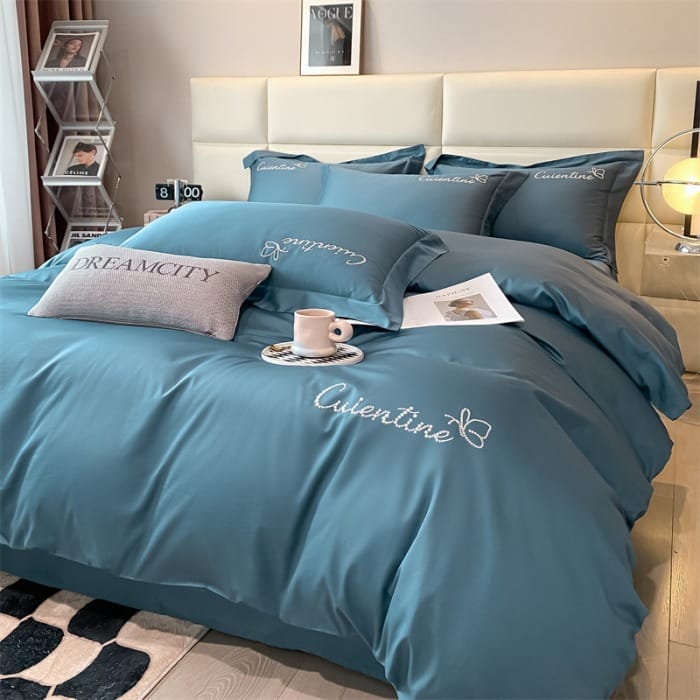 High-end Xinjiang long-staple cotton embroidery four-piece set cotton simple pure cotton bedding solid color bed sheet cover Class a