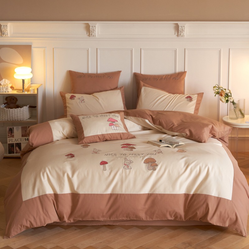 100 long staple cotton woolen embroidery all-cotton 4-piece set with autumn and winter thickened all-cotton bed sheet and quilt set with 3-piece bed set