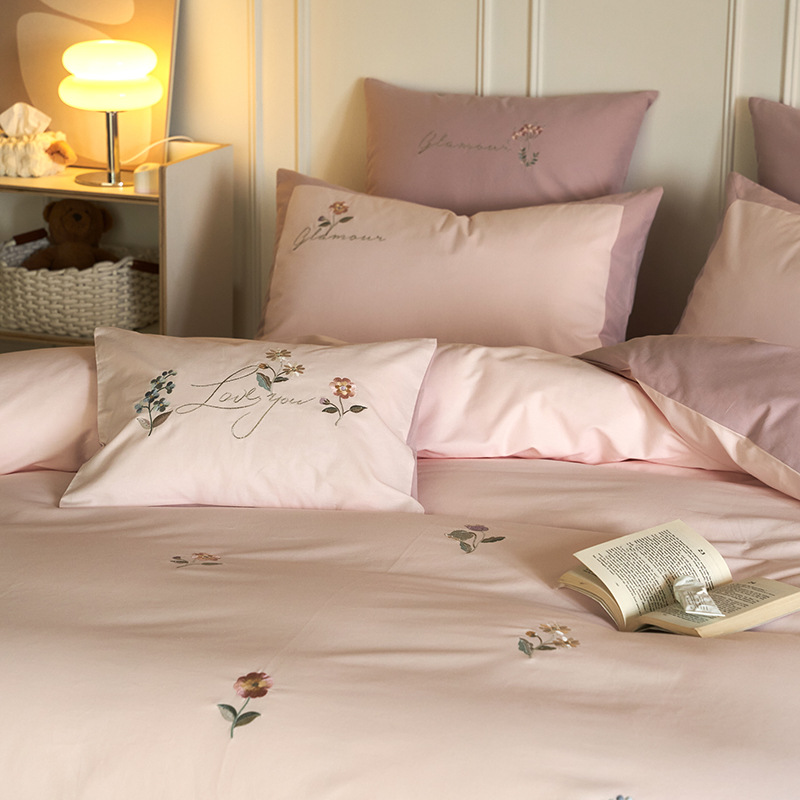 100 long staple cotton woolen embroidery all-cotton 4-piece set with autumn and winter thickened all-cotton bed sheet and quilt set with 3-piece bed set
