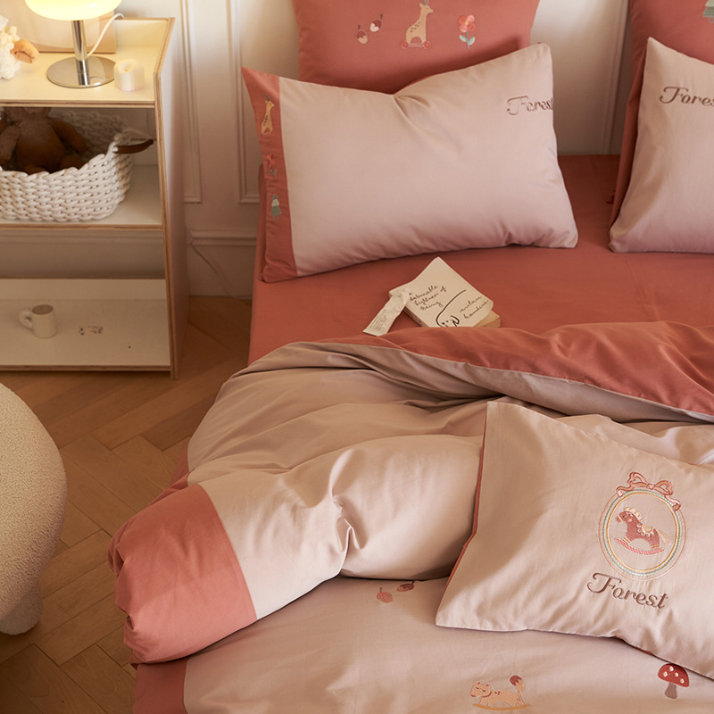 100 long staple cotton woolen embroidery all-cotton 4-piece set with autumn and winter thickened all-cotton bed sheet and quilt set with 3-piece bed set
