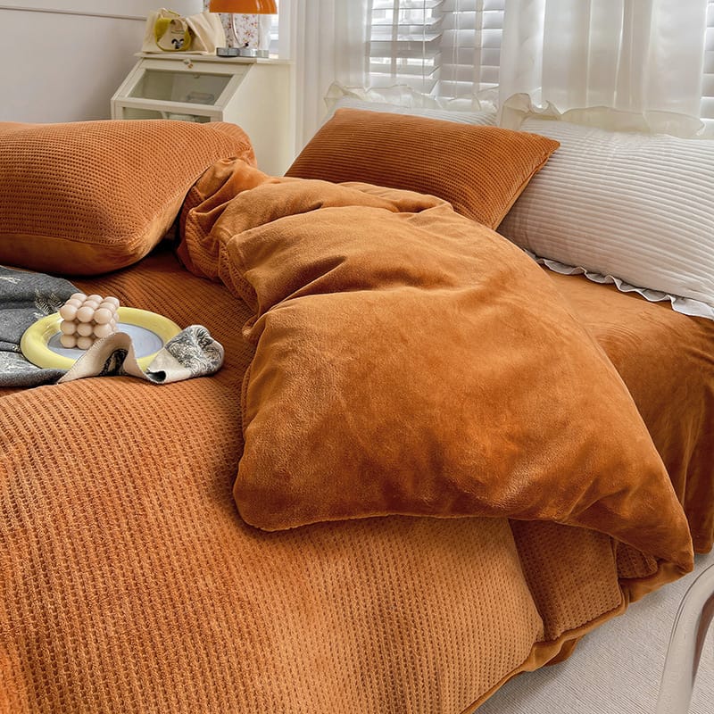 Winter Waffle milk fleece 4-piece bed set Coral flannel double-sided fleece duvet set 3-piece sheet set
