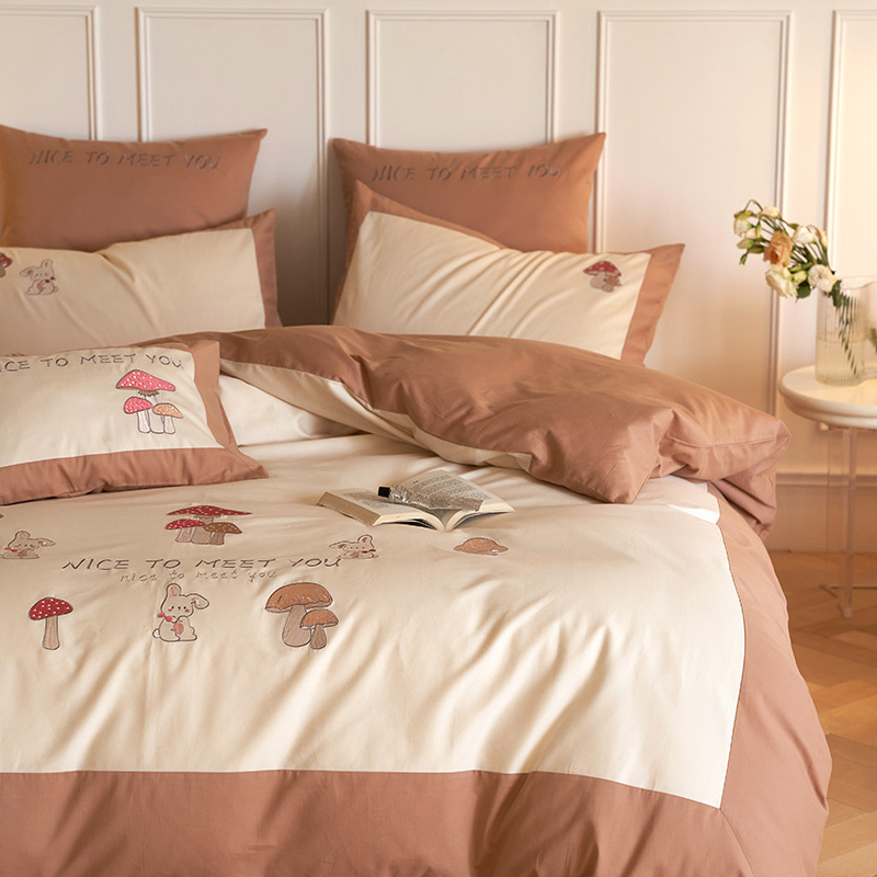 100 long staple cotton woolen embroidery all-cotton 4-piece set with autumn and winter thickened all-cotton bed sheet and quilt set with 3-piece bed set