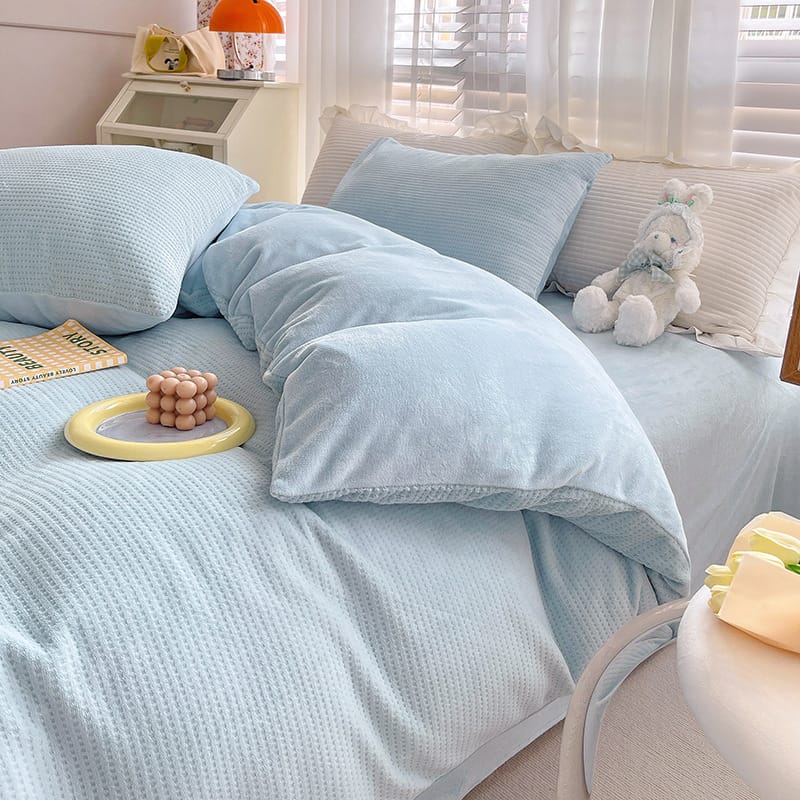 Winter Waffle milk fleece 4-piece bed set Coral flannel double-sided fleece duvet set 3-piece sheet set