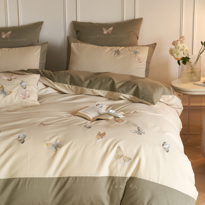 100 long staple cotton woolen embroidery all-cotton 4-piece set with autumn and winter thickened all-cotton bed sheet and quilt set with 3-piece bed set